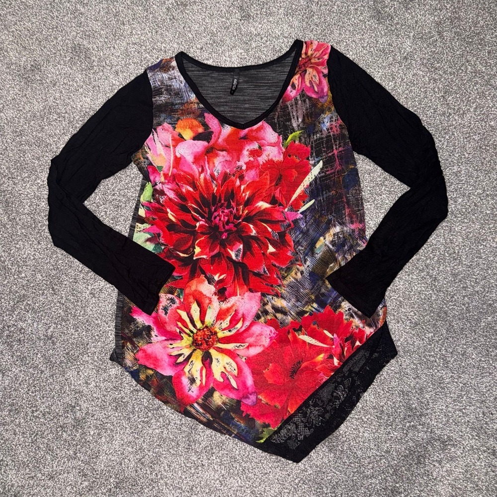 Edista Vibrant Multicolor Floral Design Top Long Sleeves Size Small